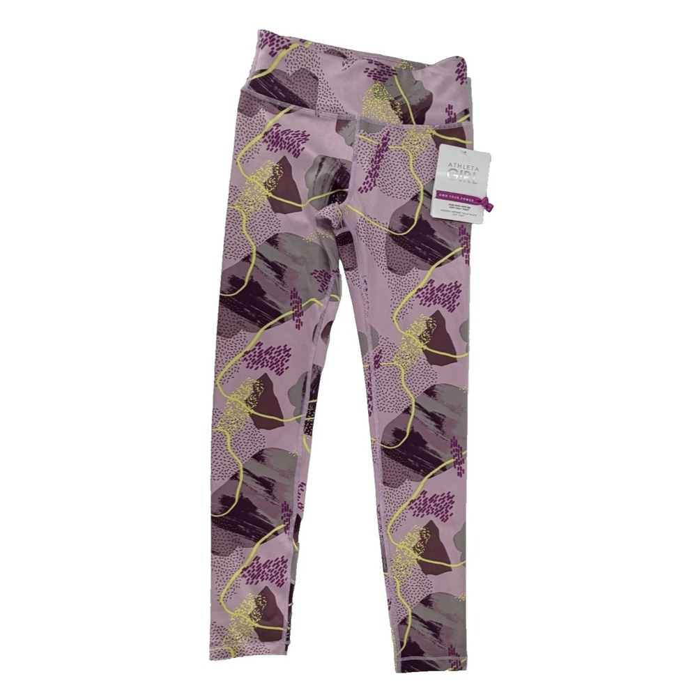 Athleta Girl High Rise Chit Chat Printed Leggings Abstract Pink Purple L 12 NWT